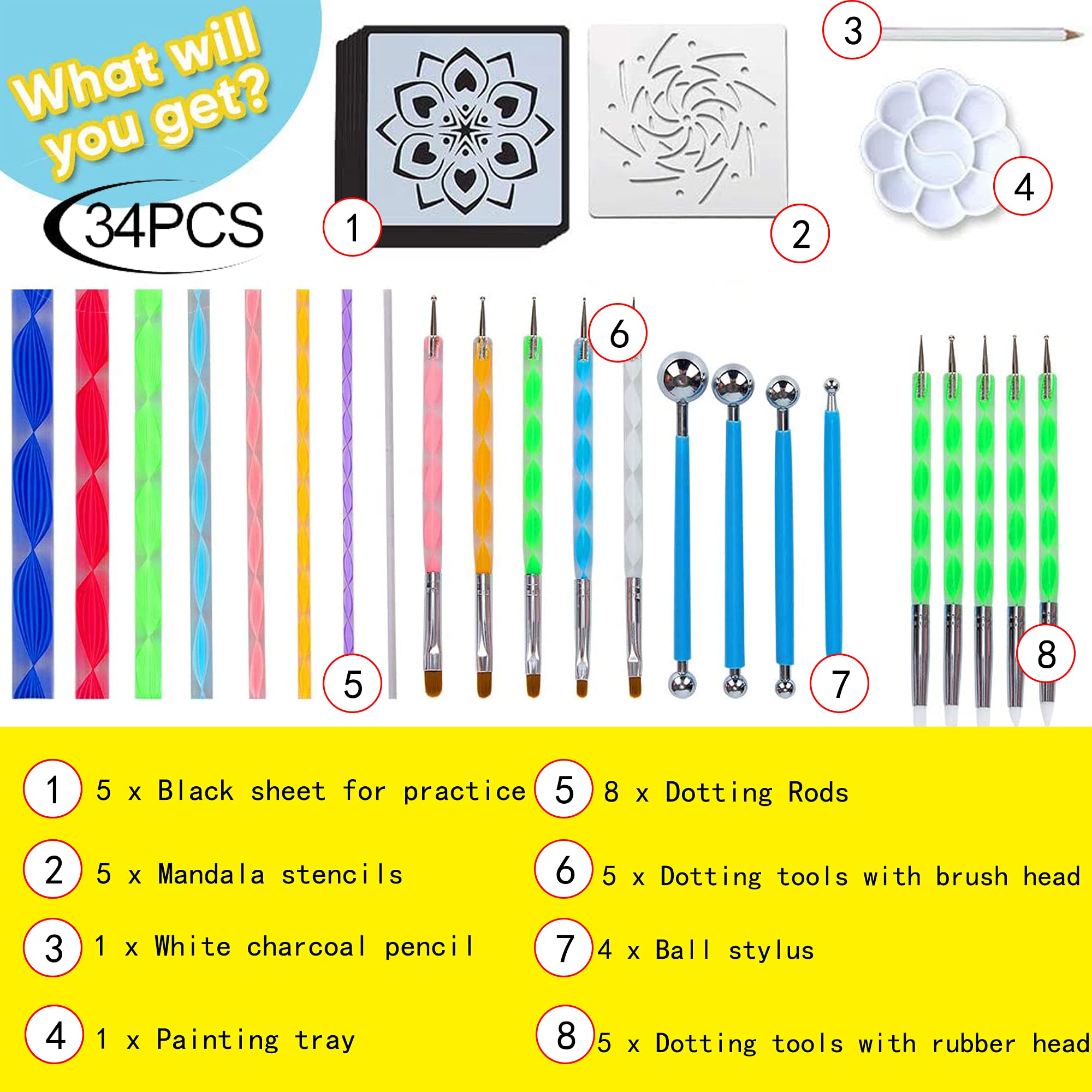Hakkin 34PCS Mandala Dotting Tools Painting Kit,Rock Dot Paint